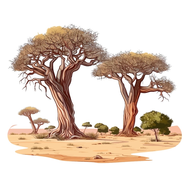 Vector digambar tangan afrika pohon akasia baobab rumput kering semak