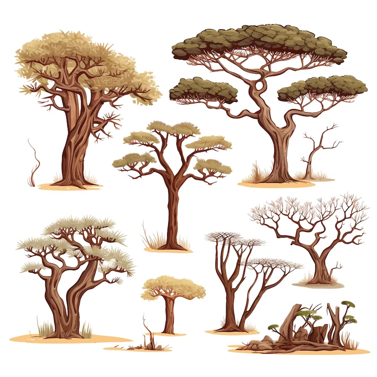 Vector digambar tangan afrika pohon akasia baobab rumput kering semak