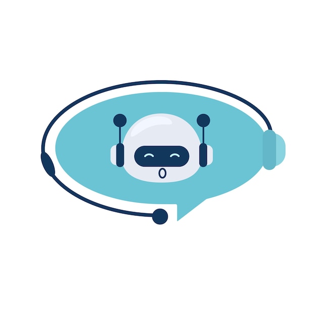 Digital chat bot robot assistant for customer support Concept of virtual conversation assistant for getting help Robot head in a speech bubble Vector illustration isolated on white background