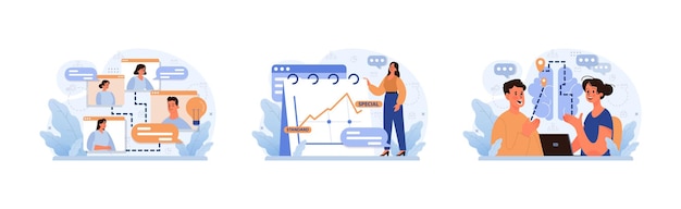 digital communication set remote team collaboration trend analysis and online discussions engaging