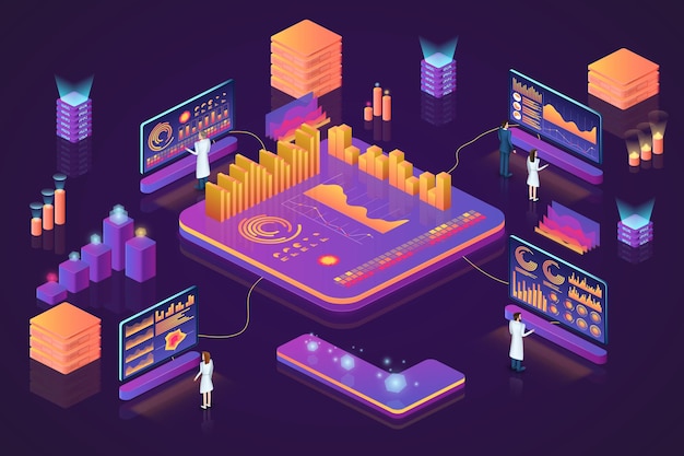 Digital data technology Isometric 3D infographics Dashboard analysis and business process Web database and people Searching solution Cubes and statistic charts Vector background