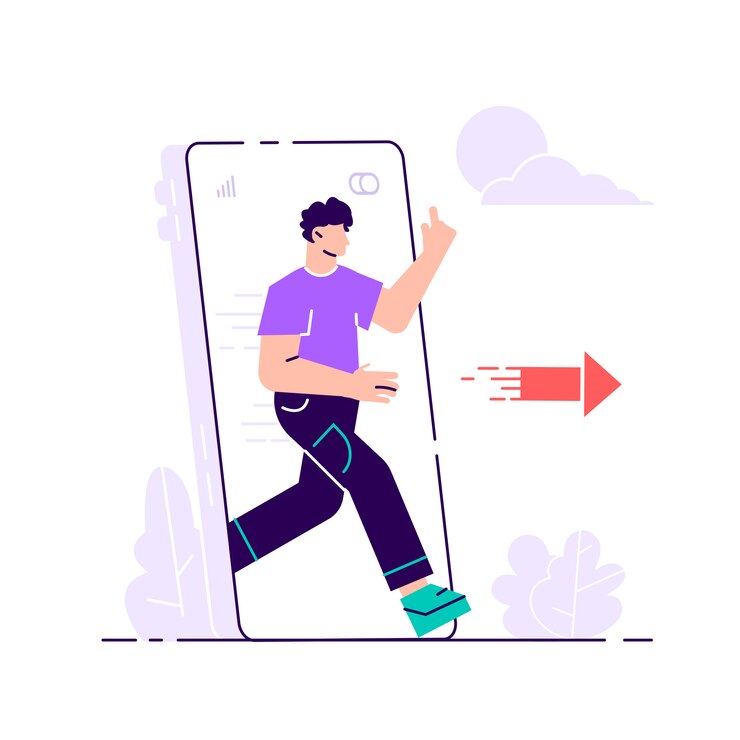 Vector digital detox. young woman stepping out of huge mobile phone. escape from smartphone