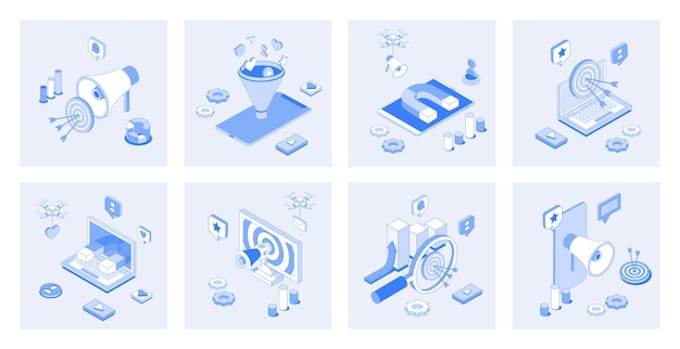 Digital marketing 3d isometric concept set with isometric icons design for web Collection of online promotion megaphone sales funnel viral advertising content blog analytics Vector illustration