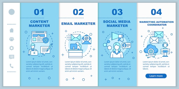 Digital marketing specialties onboarding mobile web pages vector template