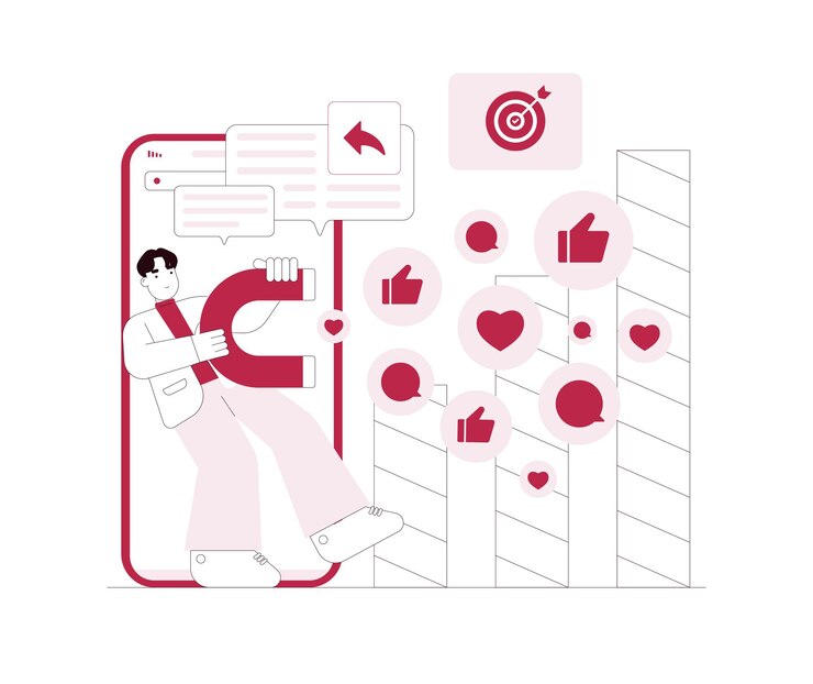 Vector digital social marketing hand holds a magnet search and attraction of target audience new subscribers social network promotion concept illustration