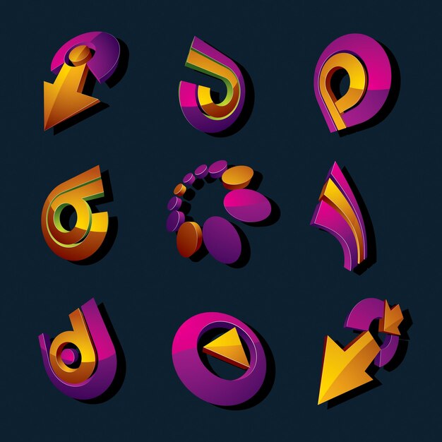 dimensional purple and yellow vector app buttons. collection of arrows, direction icons and different business corporate graphic symbols.