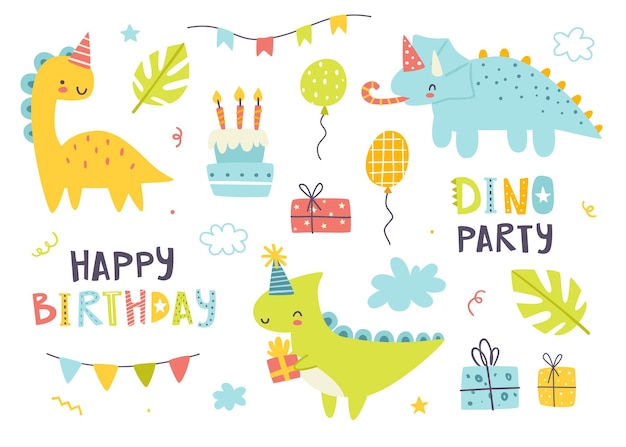 Dino birthday party set Cute doodle dinosaurs celebration collection Stickers bundle