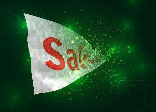 Discount on vector 3d flag on green background with polygons and data numbers