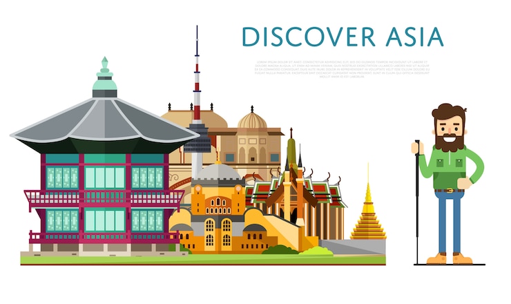Vector discover asia banner with famous attractions
