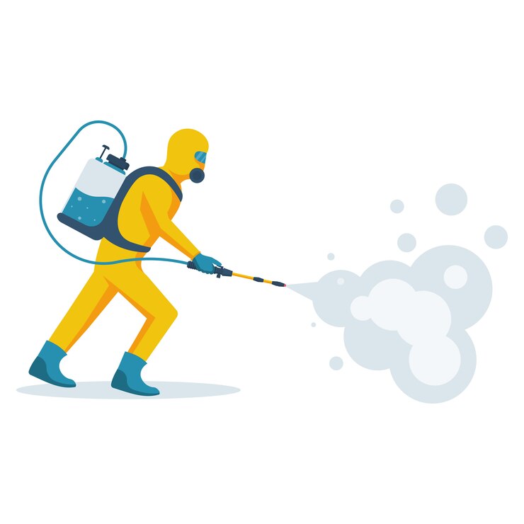 Vector disinfection concept. man in yellow protective hazmat suit.
