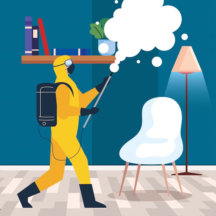 Vector disinfeksi rumah oleh layanan disinfeksi komersial, pekerja disinfeksi dengan pakaian pelindung dan semprotan mencegah covid-19