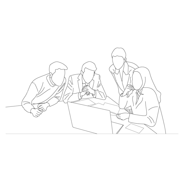 Diskusi rapat bisnis vektor antara pekerja di meja bundar kafe kartun Seni garis