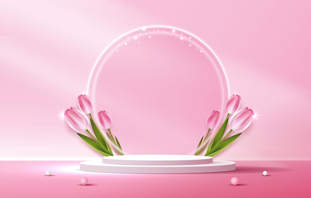 Display podium for Mothers day Valentines Day with heart and flower minimal pink background product display presentation studio room concept minimal wall scene vector design