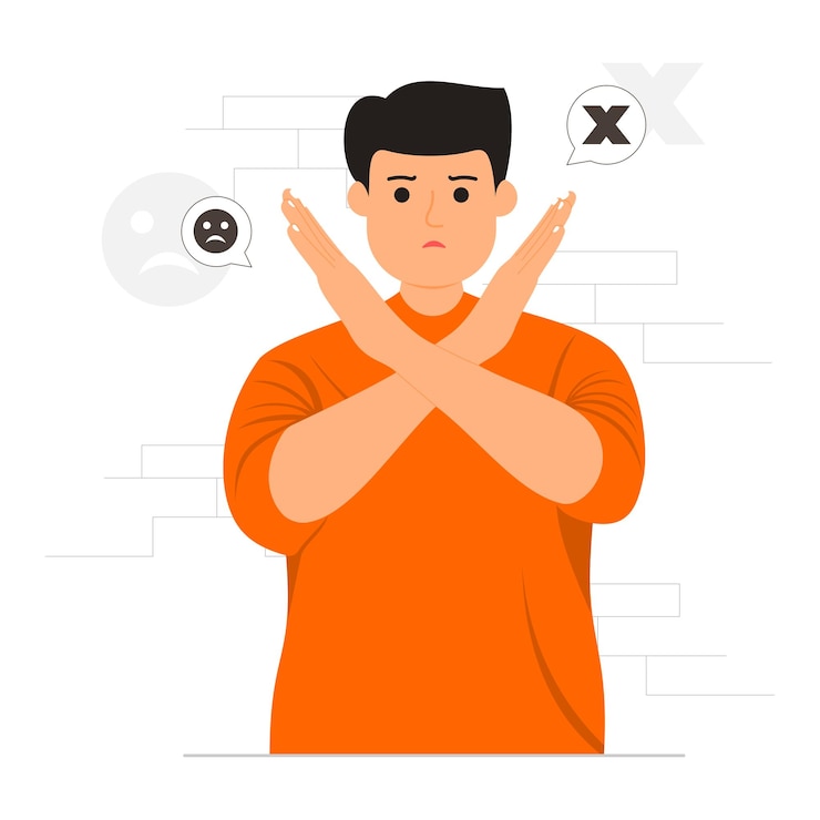 Vector displeased man, frowning, saying no, making cross sign tell illustration