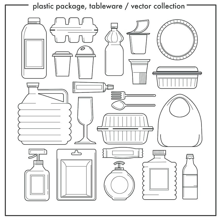 Vector disposable tableware and plastic packaging isolated outline icons