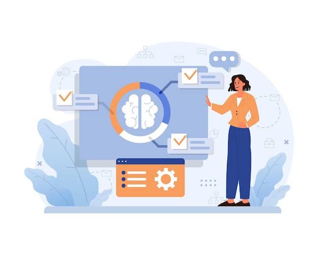 divergent thinking visualization woman presenting a brain diagram on a screen emphasizing cognitive