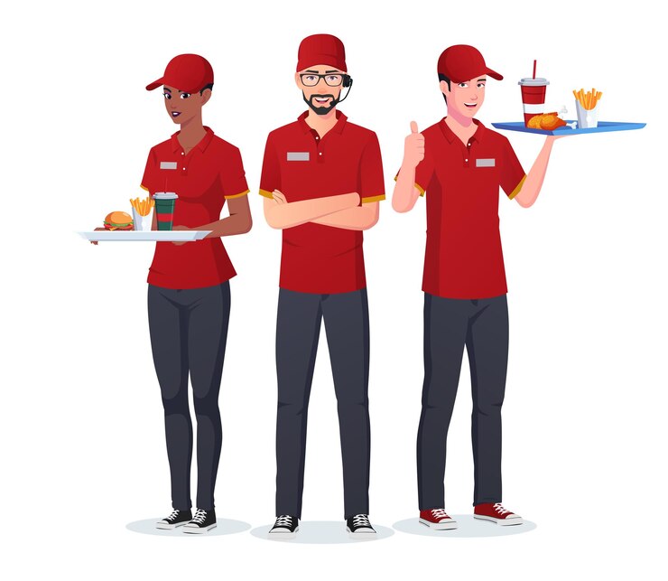 Vector diverse fast food restaurant team employees staff serving burger and drinks vector file