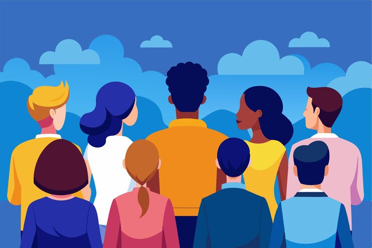 Vector diverse group of people looking at the sky illustration