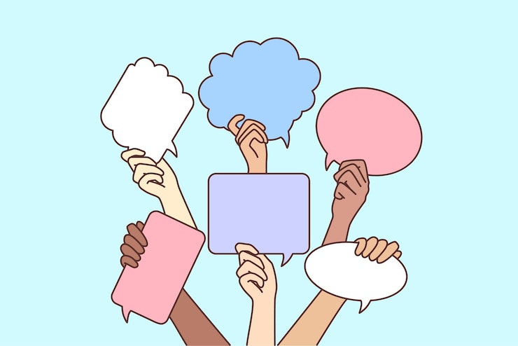 Vector diverse people hands with speech balloons