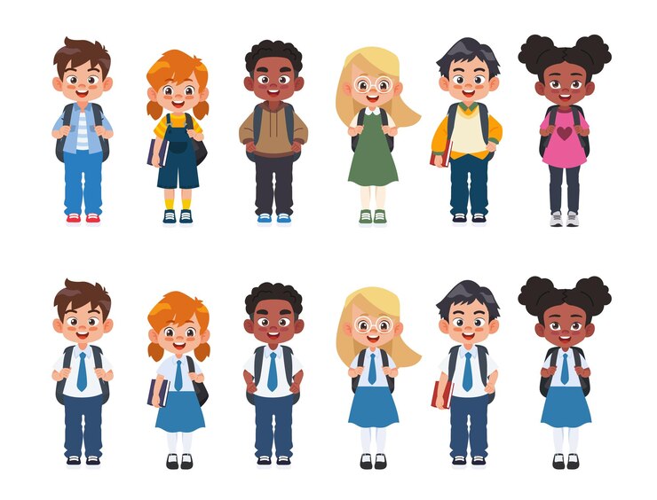 Vector diverse set of children with backpacks in school uniform and casual clothes