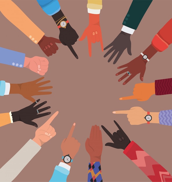 diversity of hands in circle shaped design, people multiethnic race and community theme