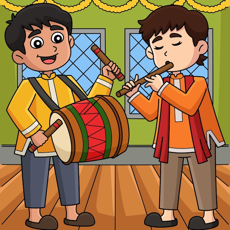 Vector diwali festival playing instruments colored