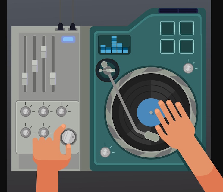 Vector dj controller mixer with hands. view above. 