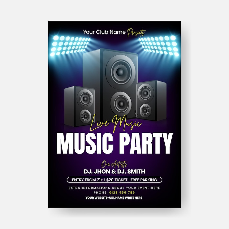 Vector dj music party and concert flyer or poster vector template with speakers background