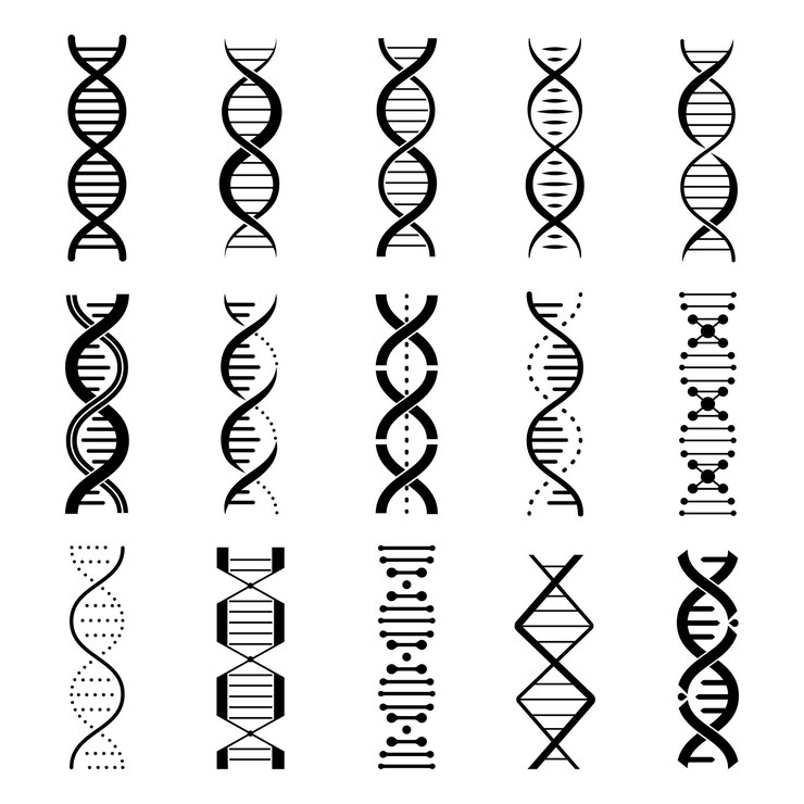 Vector dna gene icons set scientific genes spiral pictograms isolated helix genetic symbols biological medical elements decent vector research branding