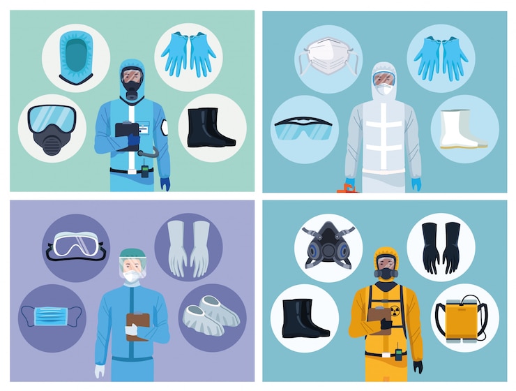 Vector doctor and biosafety workers with equipment elements for covid19 protection