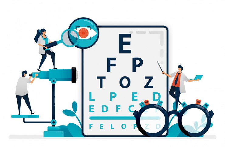 Doctor checks patient eyes health with snellen chart, glasses for eye disease. eye clinic or optical eyewear store. vector illustration, graphic design