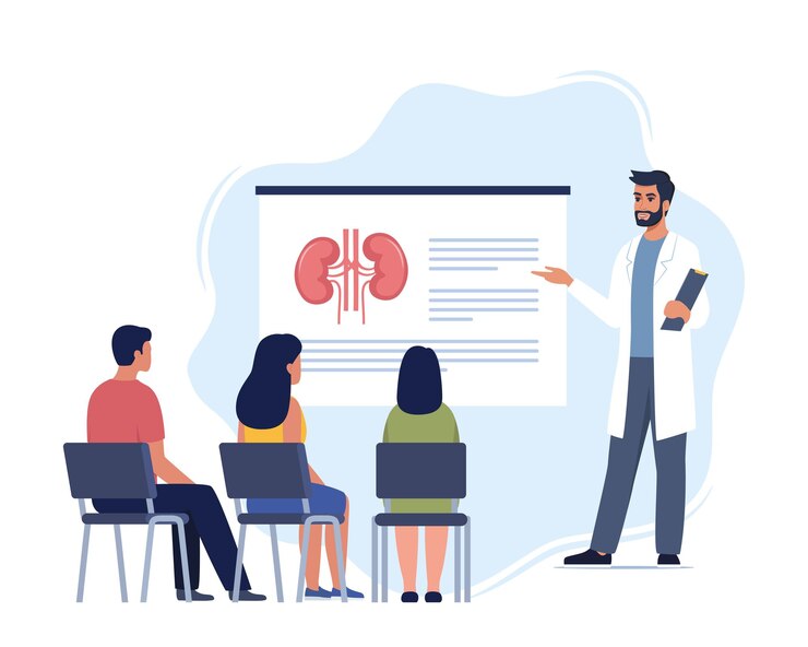 Vector doctor gives a training lecture about anatomy for students doctor presenting human kidneys