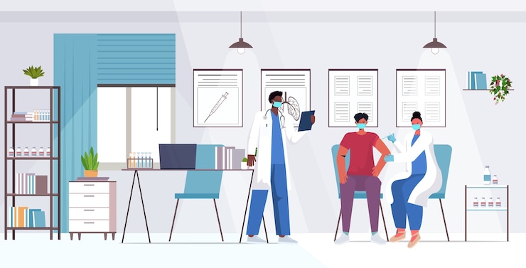 Vector doctor in mask vaccinating male patient fight against coronavirus vaccine development concept modern hospital office interior full length horizontal  illustration