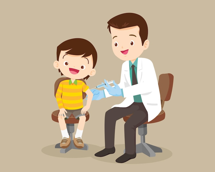 Vector doctor preventive vaccination for children boy.