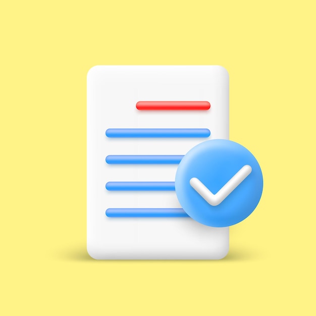 Document icon with check mark in 3d cartoon style White paper sheet Vector illustration