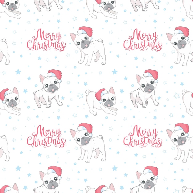 Dog seamless pattern Christmas French bulldog Santa Claus Xmas hat