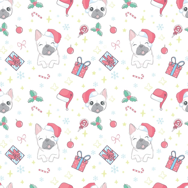 Dog seamless pattern Christmas vector french bulldog Santa Claus Xmas hat candy cane scarf cartoon illustration isolated tile background