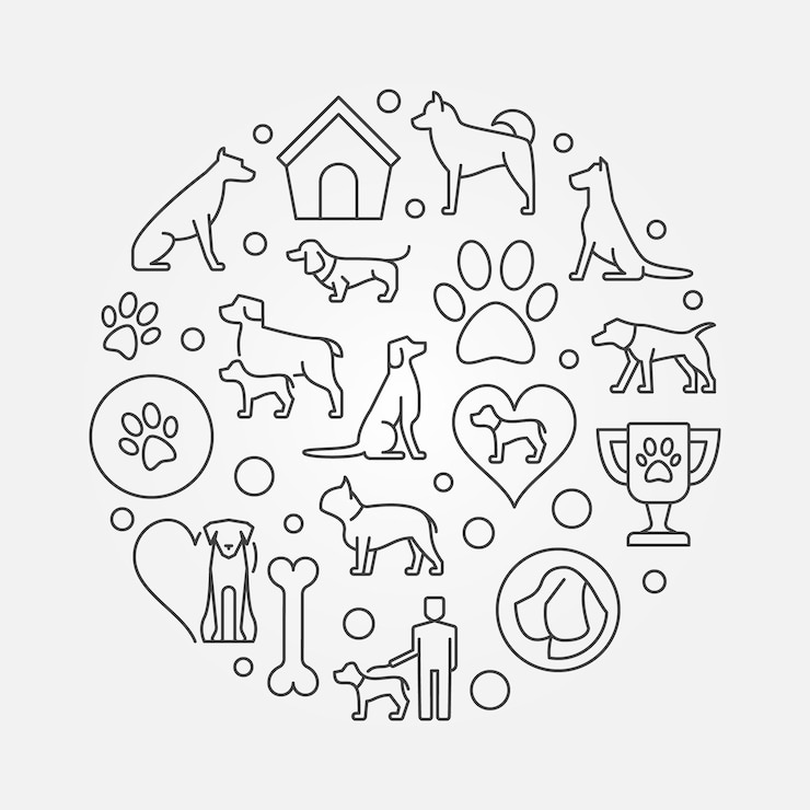 Dogs vector round concept illustration or banner in thin line style