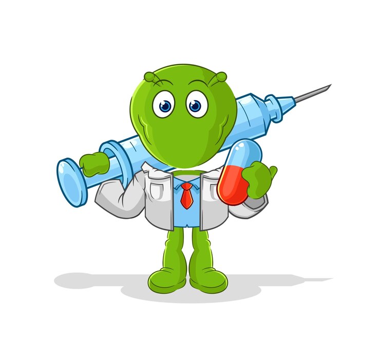 Vector dokter alien memegang obat dan suntikan