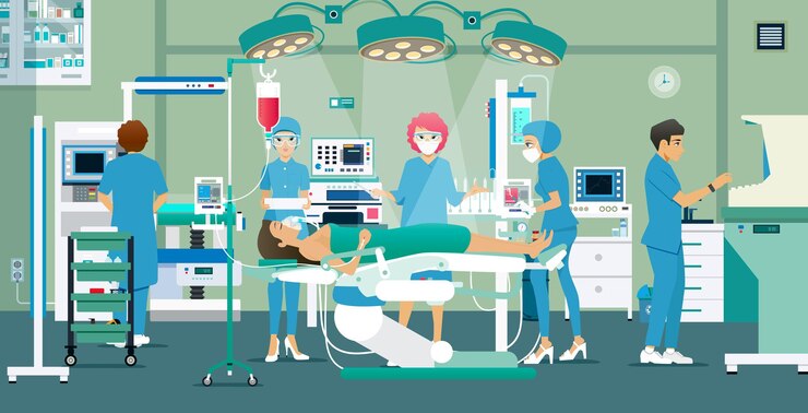 Vector dokter dan perawat sedang merawat pasien di ruang operasi.