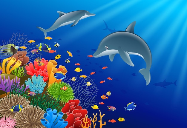 Dolphin cartoon with underwater view and coral background Vector Illustration