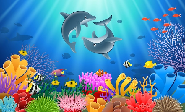 Dolphin cartoon with underwater view and coral background Vector Illustration