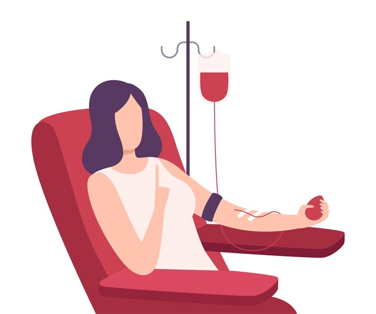 Vector donor wanita memberikan darah di rumah sakit medis, karakter relawan duduk di kursi medis, darah