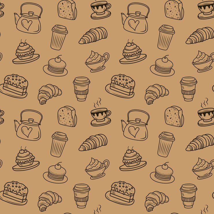 Doodle bakery coffee seamless pattern Hand drawn cupcake coffee cups cookies