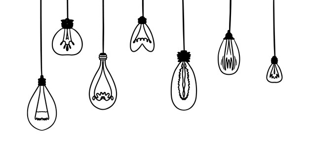 Doodle electric light bulb or lamp bulb on wire handdrawn idea symbol collection lamp set vector