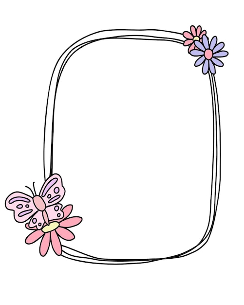 Doodle one frame hand drawn Square line with flowers butterflies for wedding happy birthday