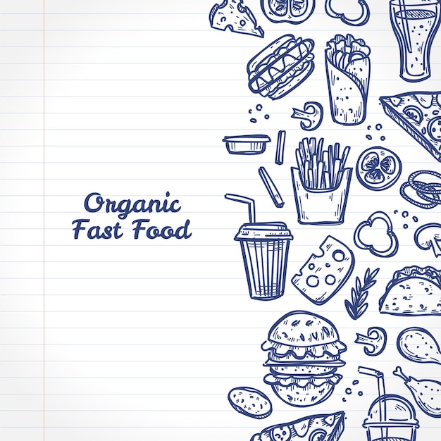 doodle organic fast food elements on a notebook page. hand drawn style