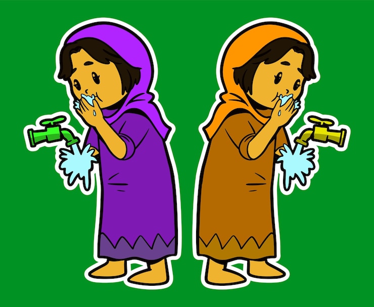 Vector doodle sticker illustration of muslim girl doing ablution