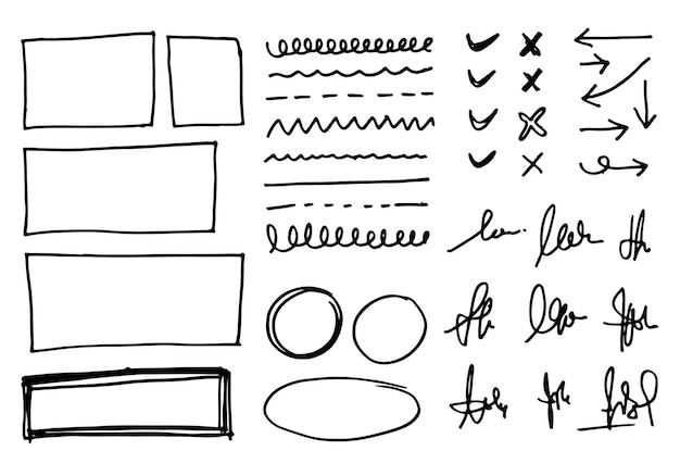 doodle vector lines and curves hand drawn signature check, arrows signs and frames.