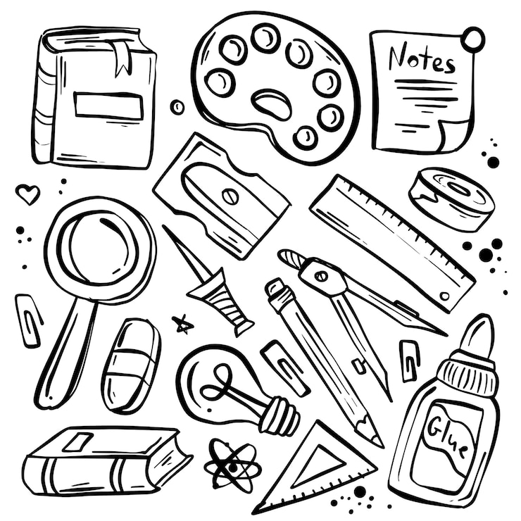 Vector doodled on a white background items include pencils pens notebooks rulers scissors erasers